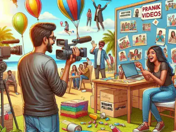 "Grupo de amigos riendo mientras graban un video de broma para YouTube, en un ambiente divertido y creativo, ilustrando la guía completa sobre cómo crear videos de bromas exitosos."
